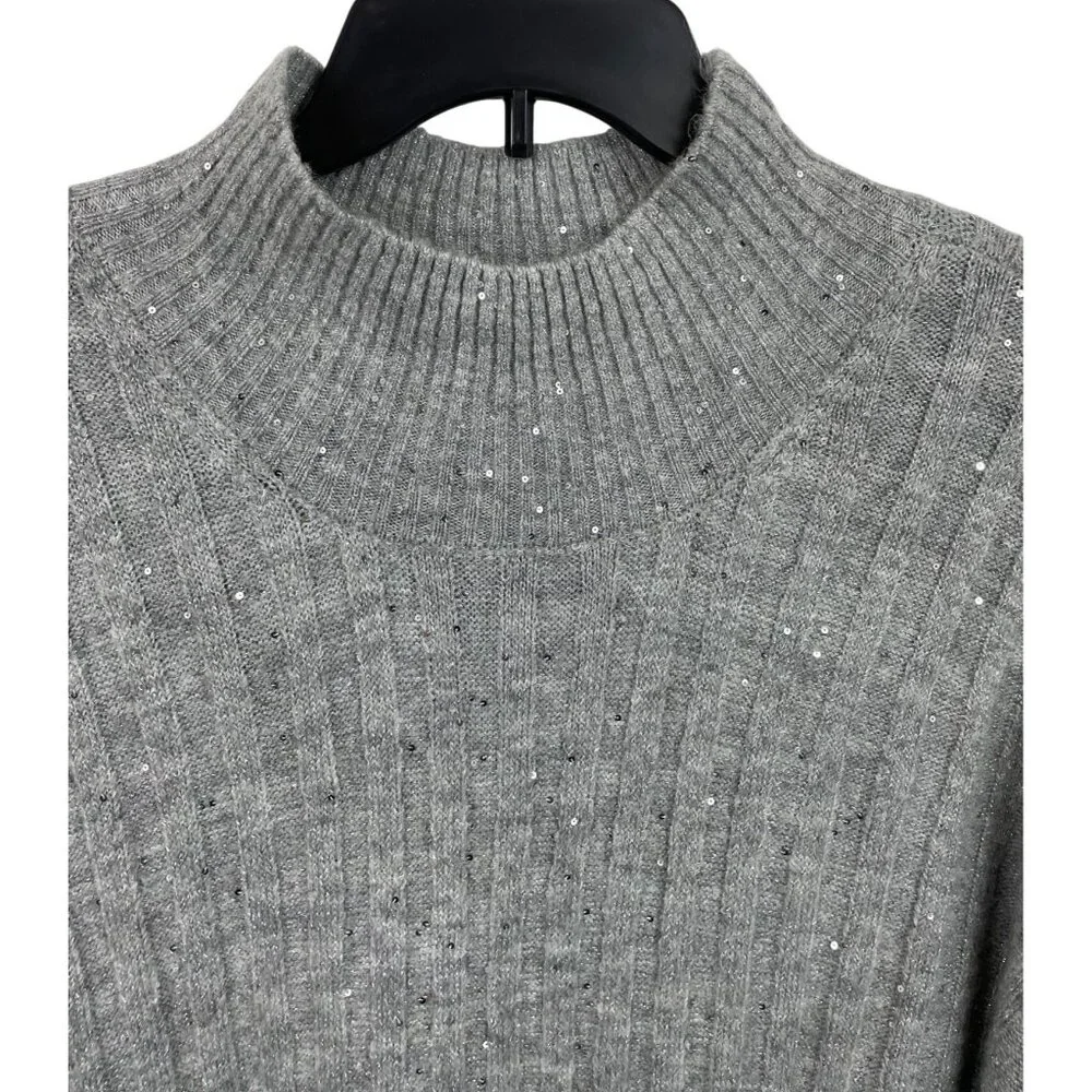 Ophelia Roe Gray Ribbed Knit Sweater Dress Sequins & High Neckline Womens Size 3 - Picture 3 of 9
